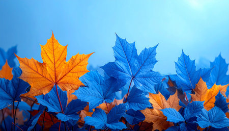 Colorful autumn maple leaves on a blue background. Selective focus.の素材