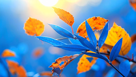 Colorful autumn leaves on blue sky background. Selective focus.の素材