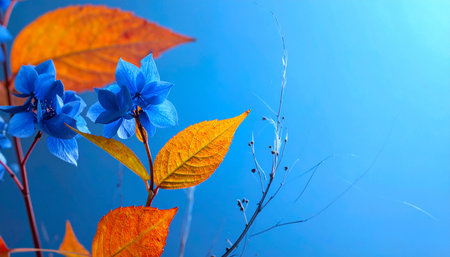 Blue flowers on a blue background with autumn leaves, close-upの素材