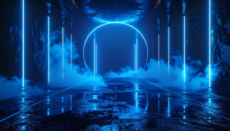 Dark abstract futuristic background with neon lights. 3d rendering mock upの素材