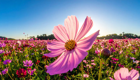 Cosmos flower field with blue sky background in Chiang Mai, Thailand.の素材