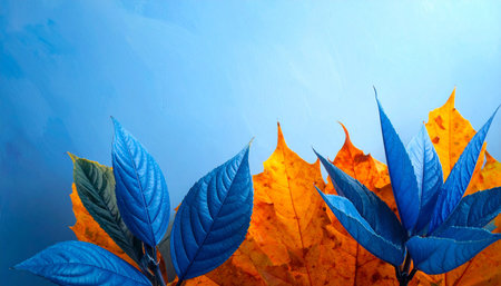 Colorful autumn leaves on a blue background. Space for text.の素材