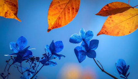 Blue hydrangea and yellow leaves on blue sky background.の素材