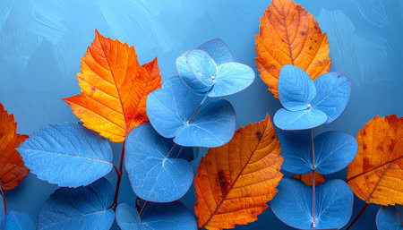 Blue and orange autumn leaves on blue background. Flat lay, top viewの素材
