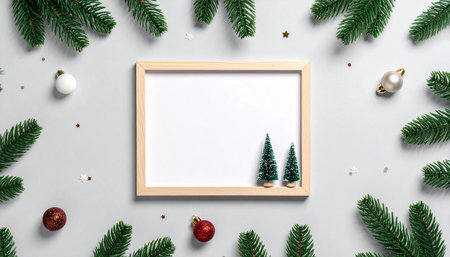 Christmas frame mockup with fir branches and christmas balls on gray background. Flat lay, top view.の素材