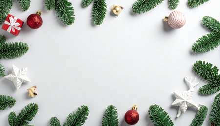 Christmas background with fir branches, red balls and gift box. Flat lay, top view, copy space.の素材