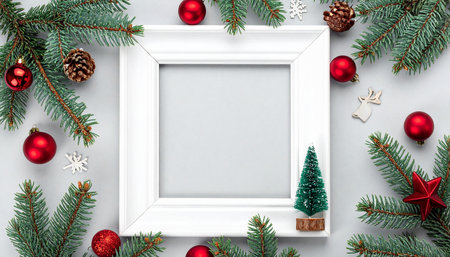 Christmas frame with fir tree branches and decoration on gray background. Flat lay, top view.の素材