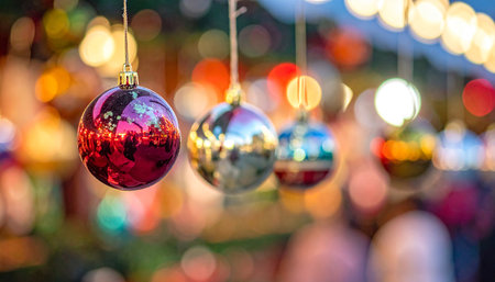 Colorful Christmas ornaments hanging on a tree in a marketの素材