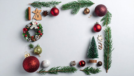 Christmas composition. Christmas, winter, new year concept. Flat lay, top view, copy spaceの素材
