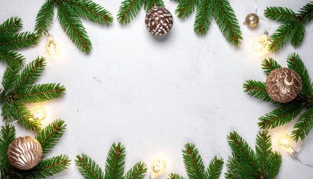 Christmas greeting card. Frame made of green fir branches and christmas balls on white background. Copy space.  Flat lay. Top view.の素材