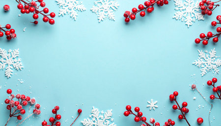 Christmas composition. Frame made of snowflakes on blue background. Flat lay, top view, copy spaceの素材