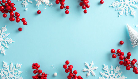 Christmas composition. White snowflakes, red berries on blue background. Christmas, winter, new year concept. Flat lay, top view, copy spaceの素材
