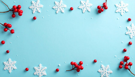 Christmas background with snowflakes and rowan berries on blue backgroundの素材