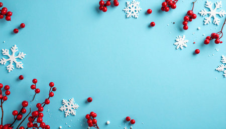 Christmas background with snowflakes and holly berry on blueの素材