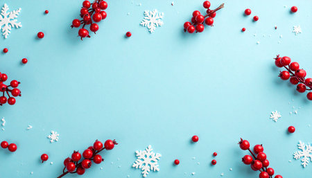 Christmas composition. Frame made of red berries and snowflakes on blue background. Flat lay, top view, copy spaceの素材