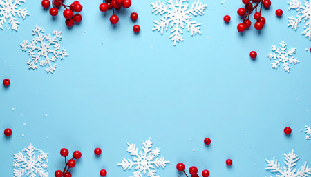 Christmas background with white snowflakes and red berries on blue backgroundの素材