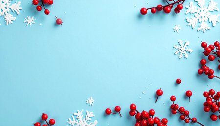Christmas composition. Red berries and snowflakes on blue background. Flat lay, top view, copy spaceの素材