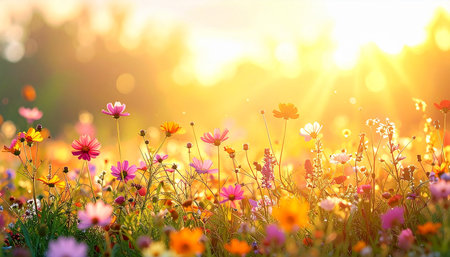 Beautiful meadow with colorful flowers at sunset. Nature background.の素材