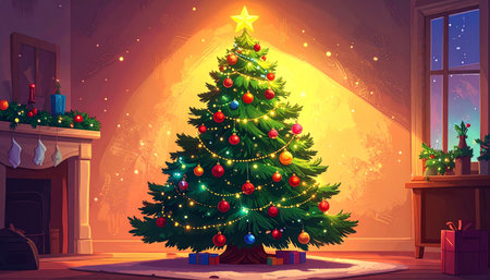Christmas tree in the living room. Illustration of a Christmas background.の素材