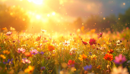 Beautiful meadow with colorful flowers in sunset light. Nature backgroundの素材