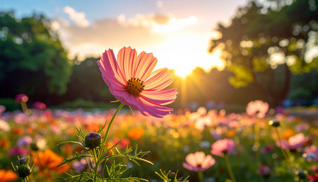 Cosmos flower in the garden with sunset background, selective focus.の素材
