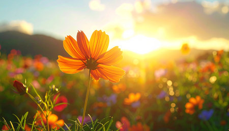 Beautiful cosmos flower in the meadow with sunset sky background.の素材