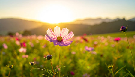 Beautiful cosmos flowers blooming in the field with sunset background.の素材
