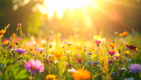 Flower meadow at sunset. Beautiful nature scene with colorful flowers.の素材