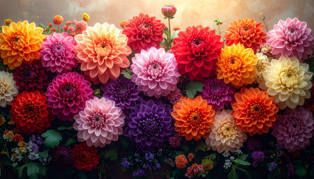 Colorful dahlia flowers background. Colorful dahlia flowers backgroundの素材