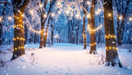 Winter park at night with christmas lights and snowfall. Beautiful winter landscape.の素材