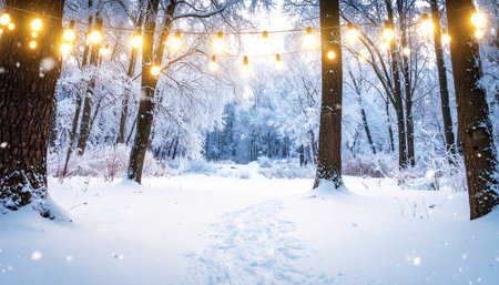 Christmas lights in the winter forest. Christmas and New Year background.の素材
