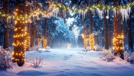Frozen winter forest with christmas lights and snow covered trees.の素材