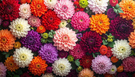 Colorful dahlia flowers background, top view, close upの素材