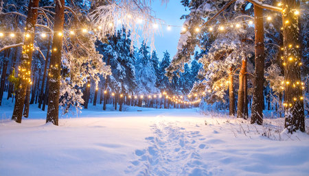 Winter forest at night with Christmas decorations, lights and snowdriftsの素材
