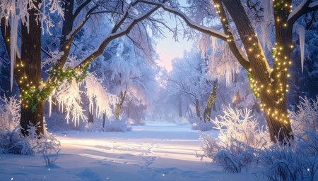 Winter landscape with trees covered with frost and garland lights at nightの素材