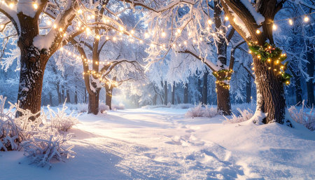 Christmas lights in the winter forest. Winter fairy tale. Beautiful winter landscape.の素材