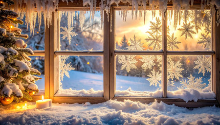 Beautiful winter landscape with snow covered window and Christmas tree at sunset.の素材