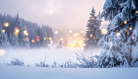 Fantastic winter landscape with snow covered fir trees and christmas lightsの素材