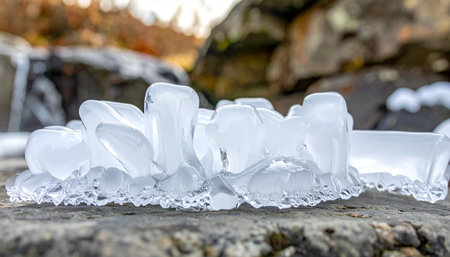 Ice cubes on a stone, close-up, selective focus.の素材