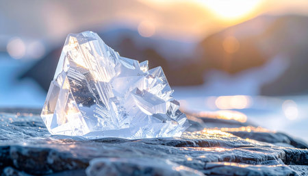 Close-up of a crystal on a rock in the sunset lightの素材