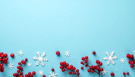 Christmas composition. Festive decoration on blue background. Flat lay, top view, copy space.の素材