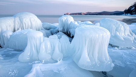 Ice formations on the shore of Lake Baikal at sunset.の素材