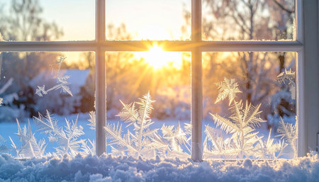 Winter window with snowflakes and sun rays in the background.の素材