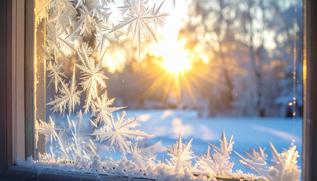 Beautiful snowflakes on the window at sunset. Winter backgroundの素材