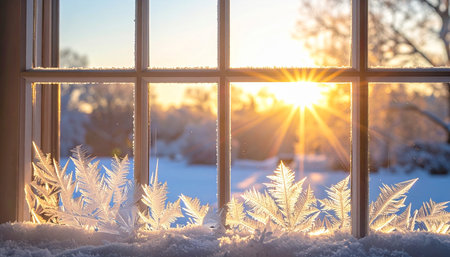 Snowflake and sun through the window in the winter. Winter backgroundの素材