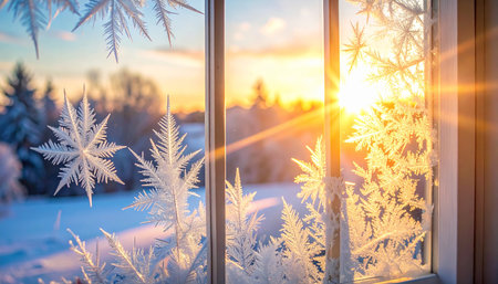Beautiful winter landscape with window and snowflakes at sunset.の素材
