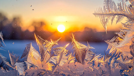 Frosty natural pattern on the window at sunset. Winter backgroundの素材