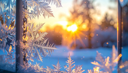 Frosty natural pattern on the window at sunset. Winter backgroundの素材