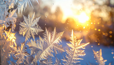Frosty natural pattern on the window glass at sunrise. Beautiful winter backgroundの素材