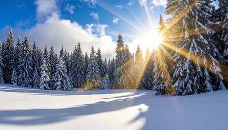 Beautiful winter landscape with snow covered fir trees and sunbeamsの素材